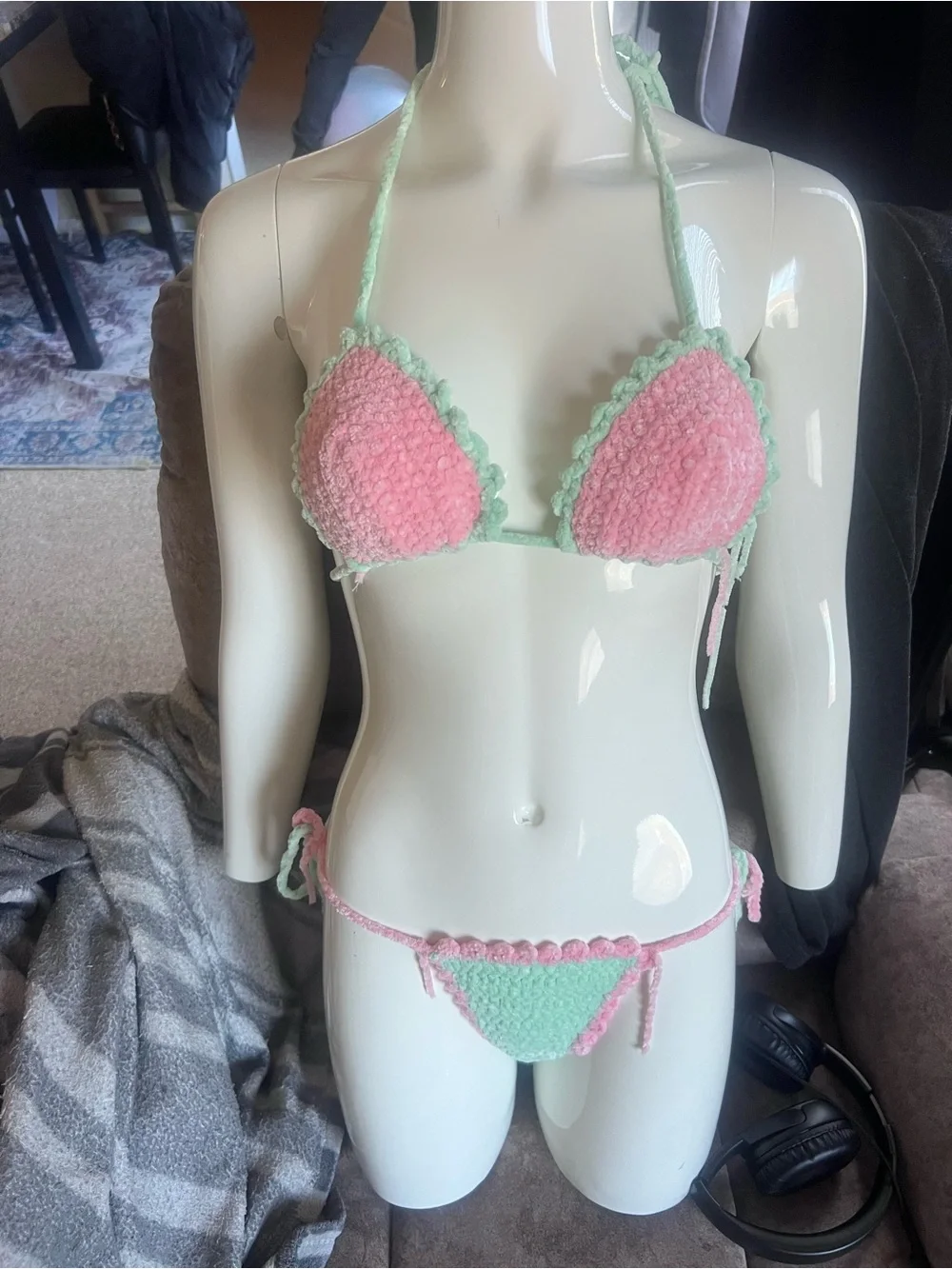 Handmade Crochet Bikini/Dancer Set in Mint Green & Coral Pink